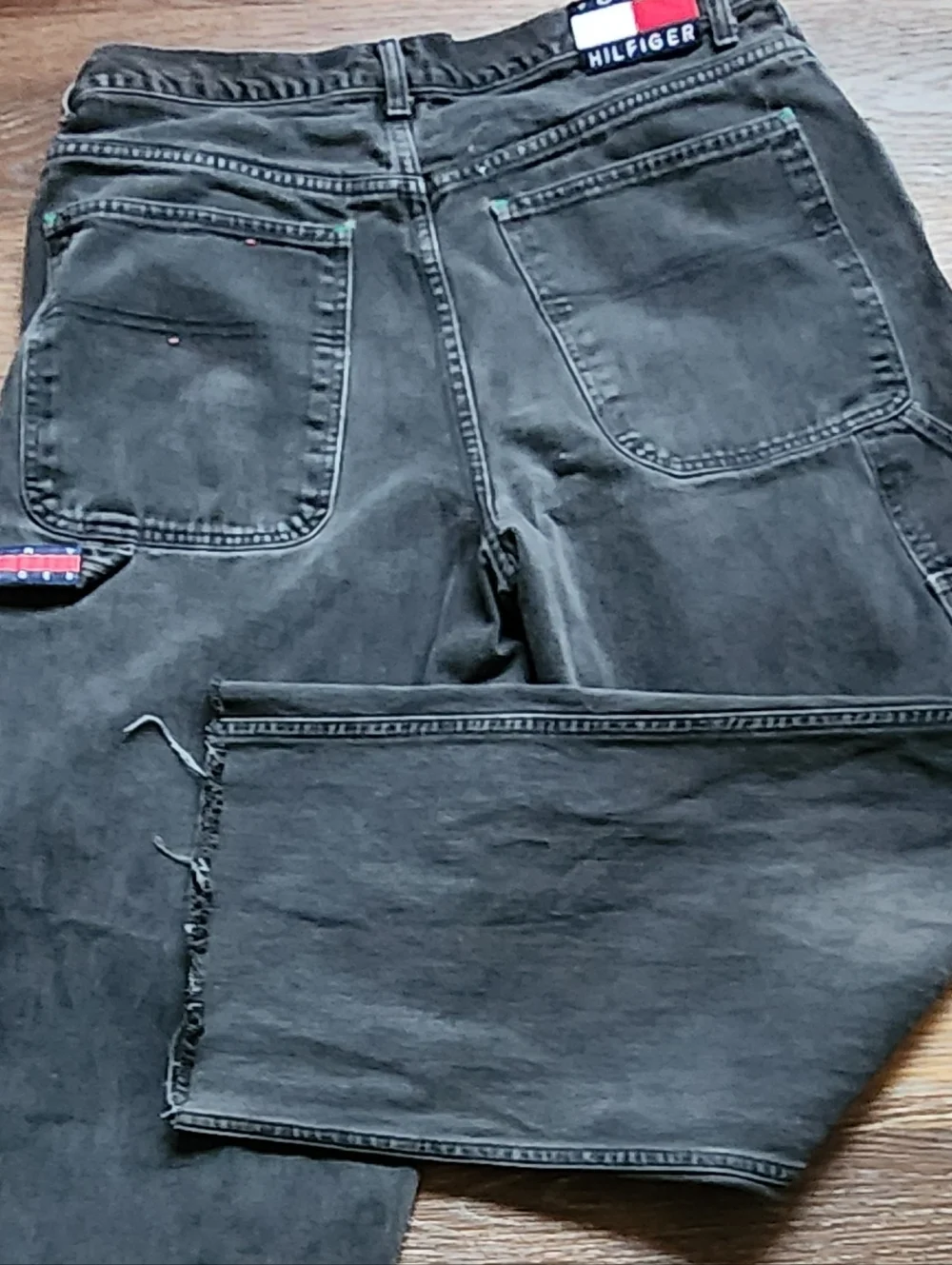 VTG Y2K TOMMY HILFIGER Baggy Wide Leg Carpenter Black Jeans Raw Hem Sz W36x32